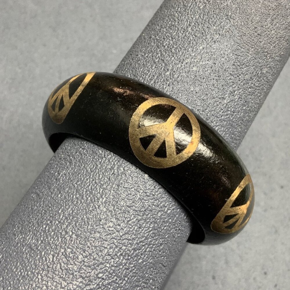 Peace Symbol Bangle Bracelet 2.5 In Black Gold Rustic Wooden Nostalgic Hippie